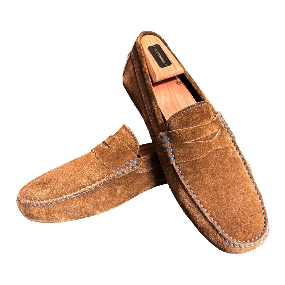 To Boot New York Brown Suede Penny Driver Loafers navy stitching men’s size 7
